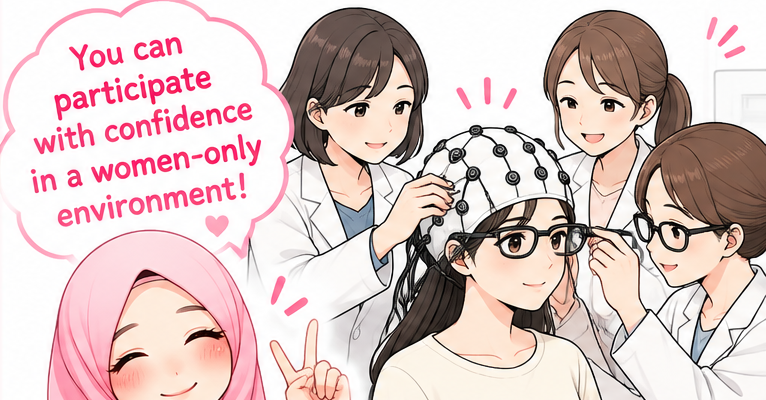 Illustration: female researchers fitting an EEG cap on a woman, and a woman wearing a hijab